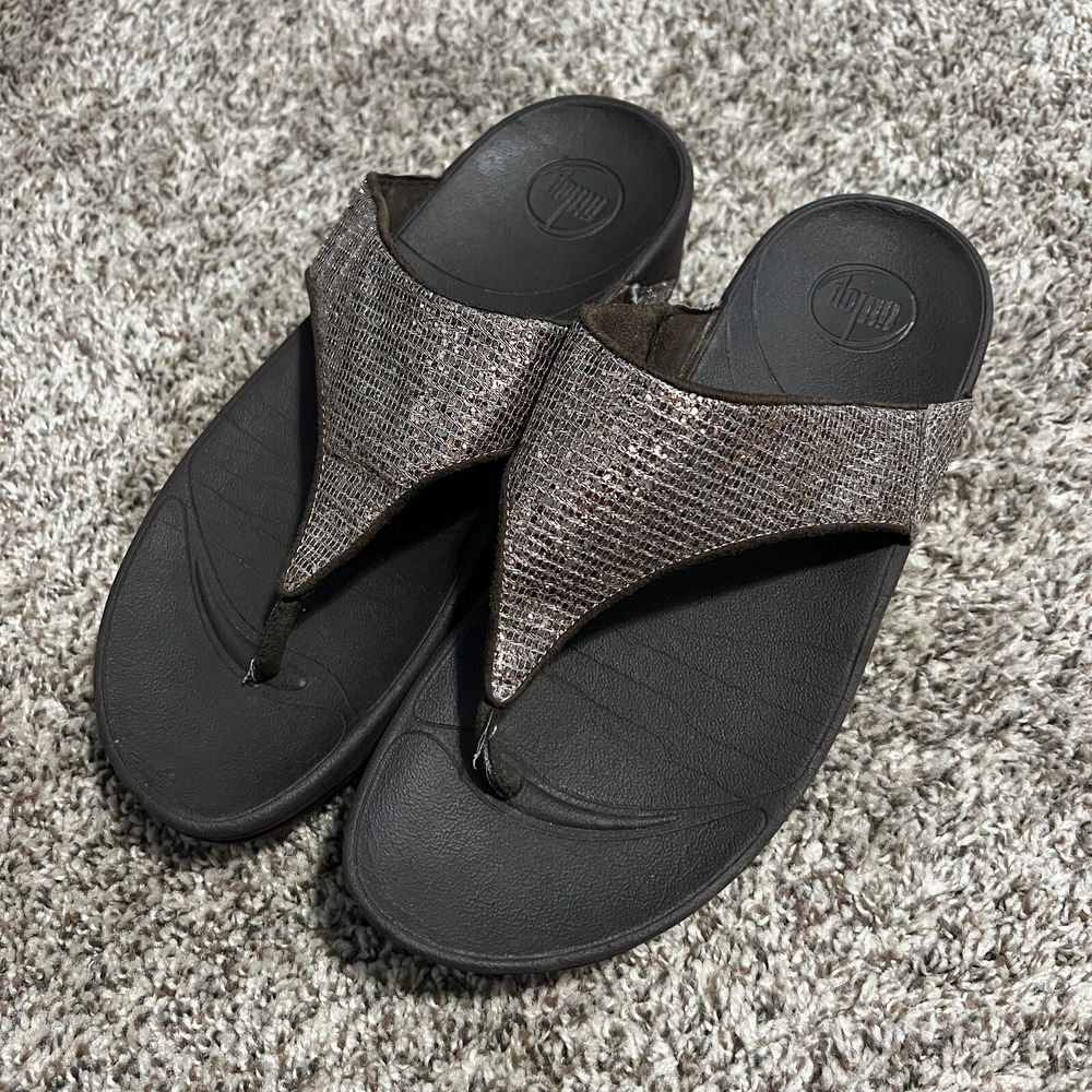 Fit Flop LuLu Brown Sparkle Sequin 639-012 Thong Sandals Women's 9 Rose Gold